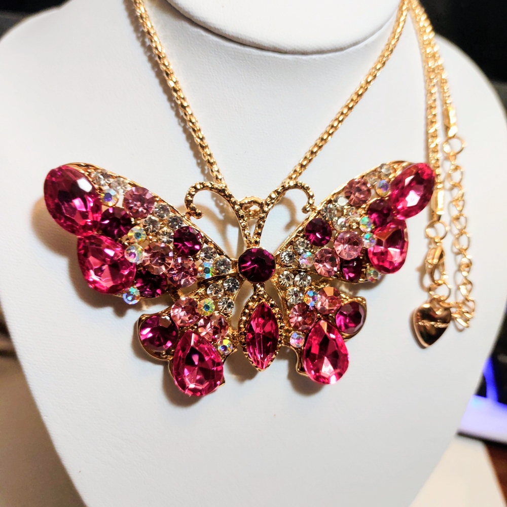 Large Betsey Johnson Pink and Gold Butterfly Necklace